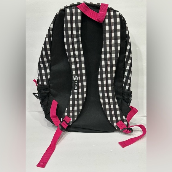 Roxy Black White Pink Roxy Logo Checkered Design 2 Pocket Medium Sized Backpack - Picture 4 of 12
